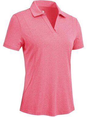 Women's  Rosy Red Golf Shirts Short Sleeve Dry Fit V Neck Collared Tennis Tops